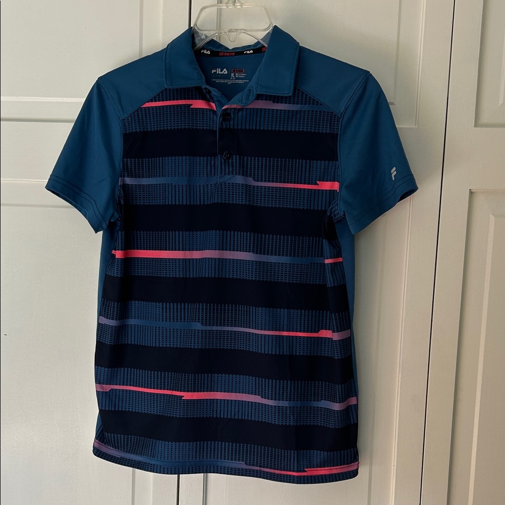 Fila Live In Motion Boys XL (18-20) Navy and Pink Striped Polo Shirt